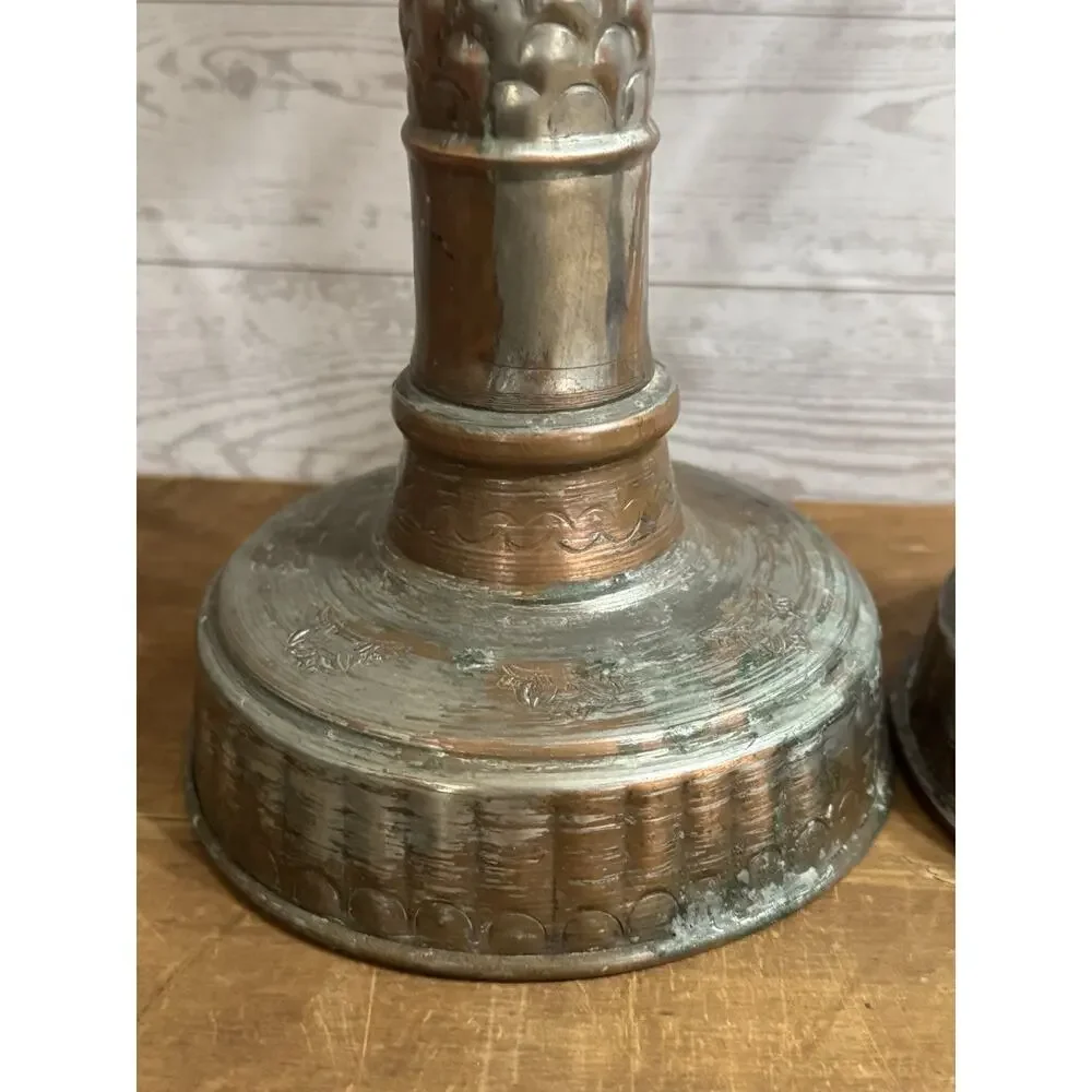 2 Large Metal Ornate Candlesticks with Handle Great Patina